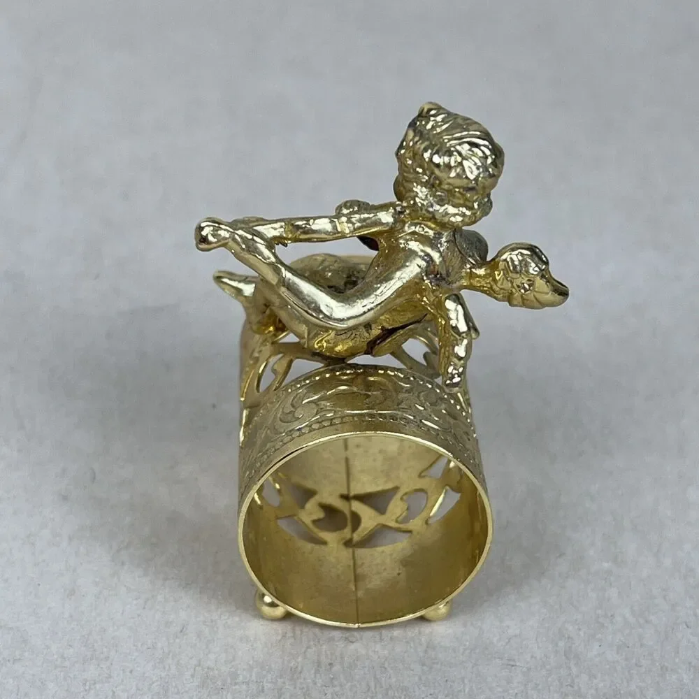 VTG 8pc Gold Tone‎ Metal Angel Playing Violin Filigree Napkin Ring Holder Signed